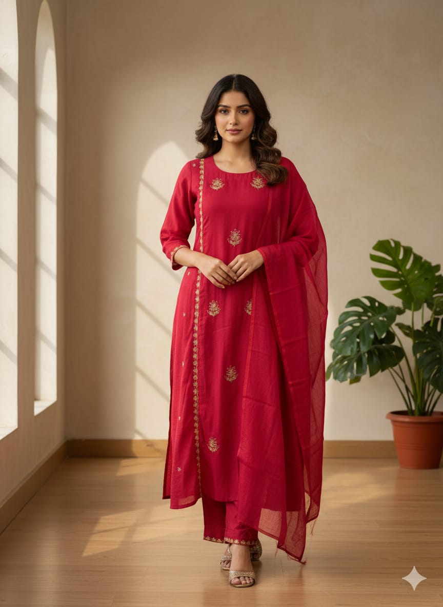 Embroidered Straight Kurta Set in Deep Rani Pink