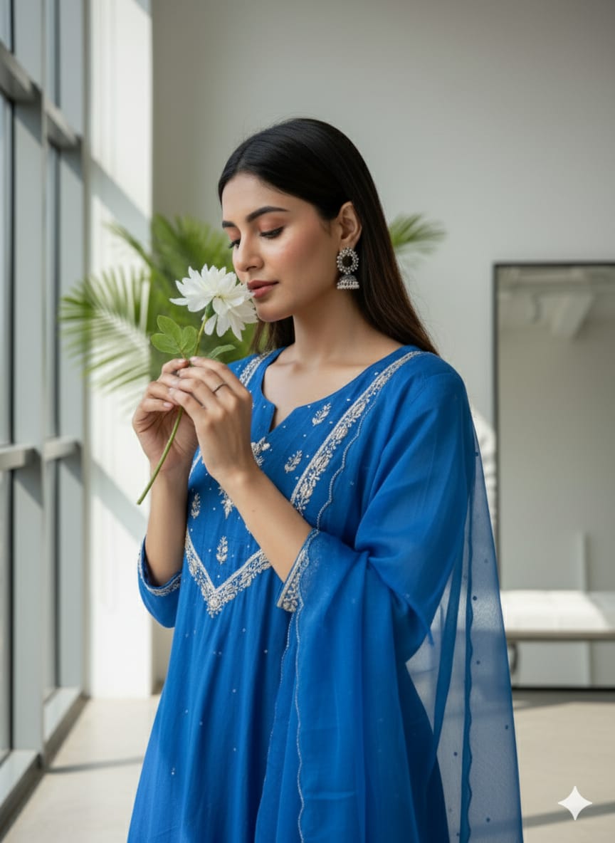 Blue Mul chanderi Kurta pant With Dupatta