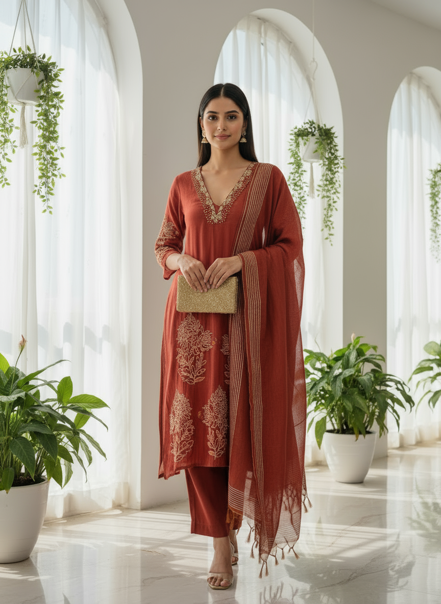 Rust Elegance Embroidered Kurti Set