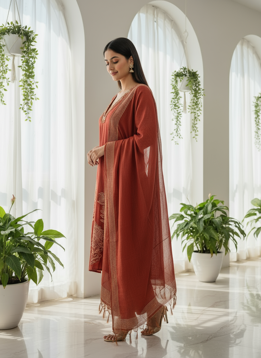 Rust Elegance Embroidered Kurti Set
