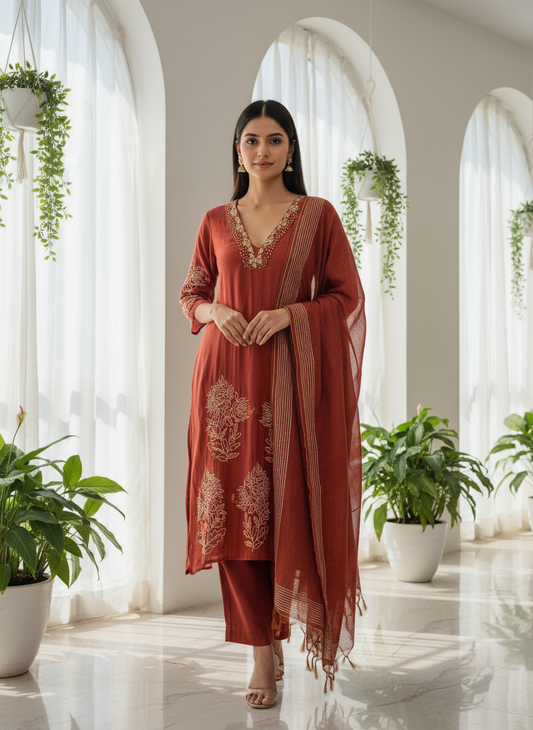 Rust Elegance Embroidered Kurti Set