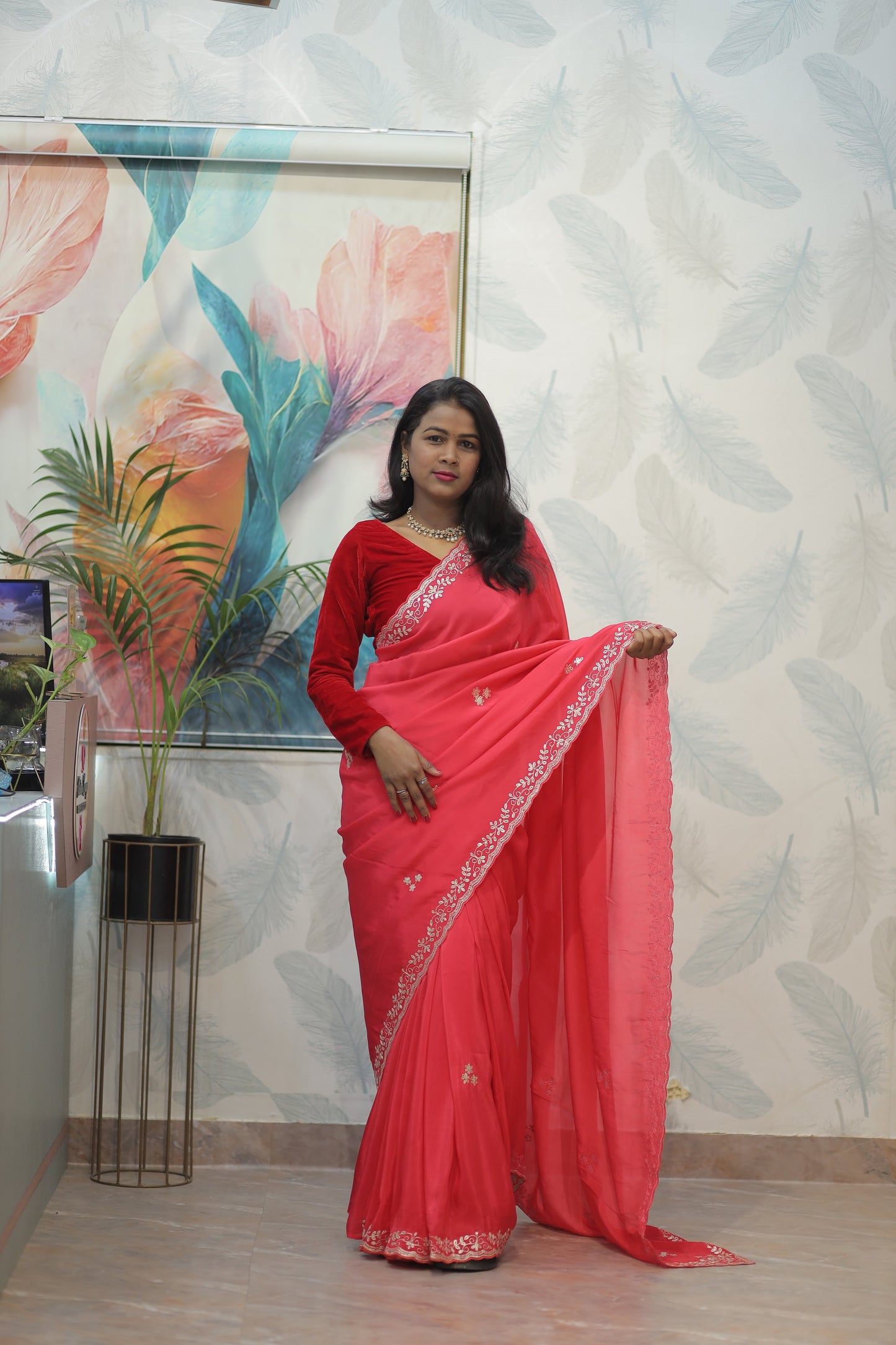 Elegant Red Embroidered Saree” ❤️