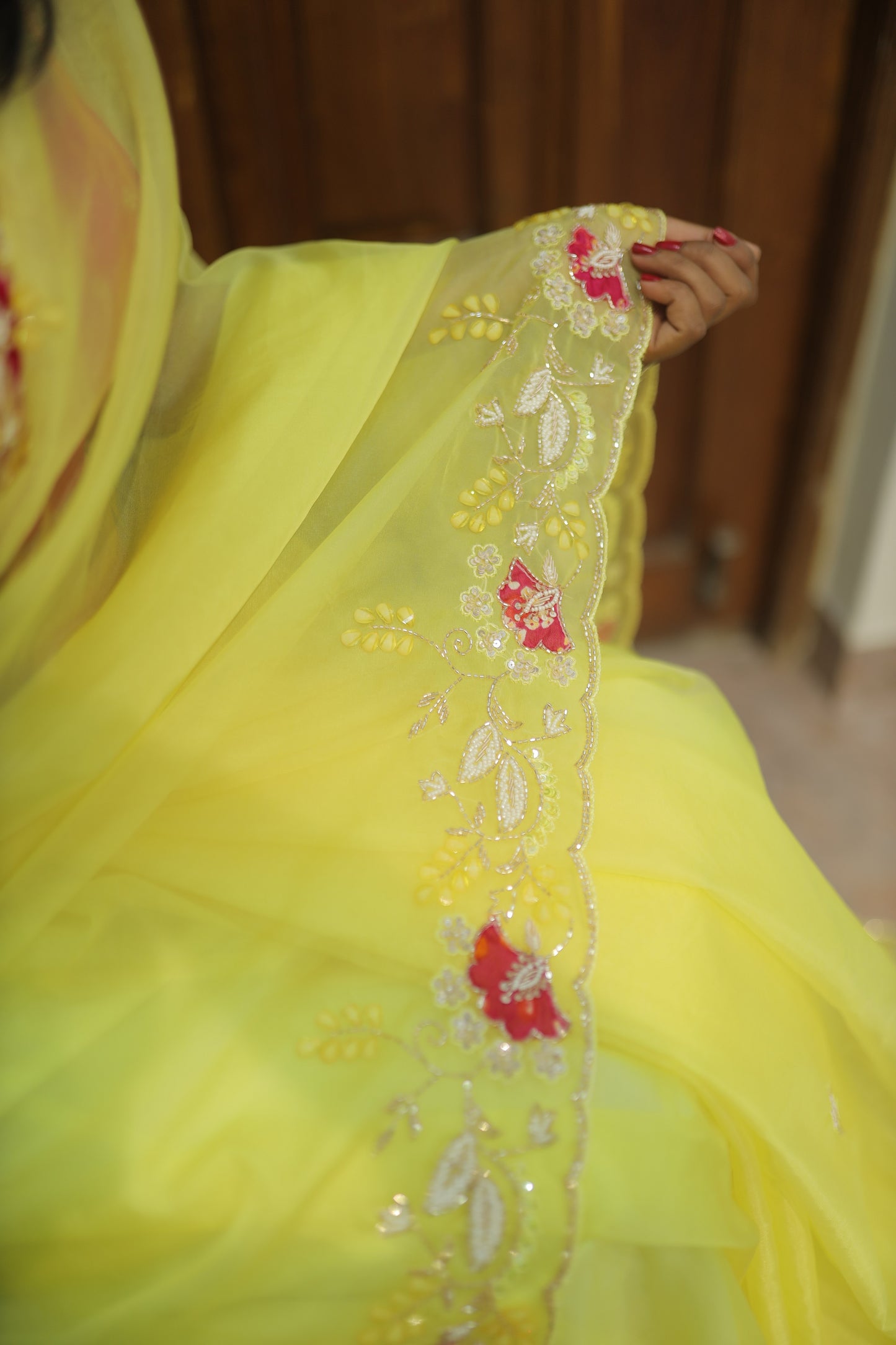 “Yellow Floral Embroidered Saree” 🌼