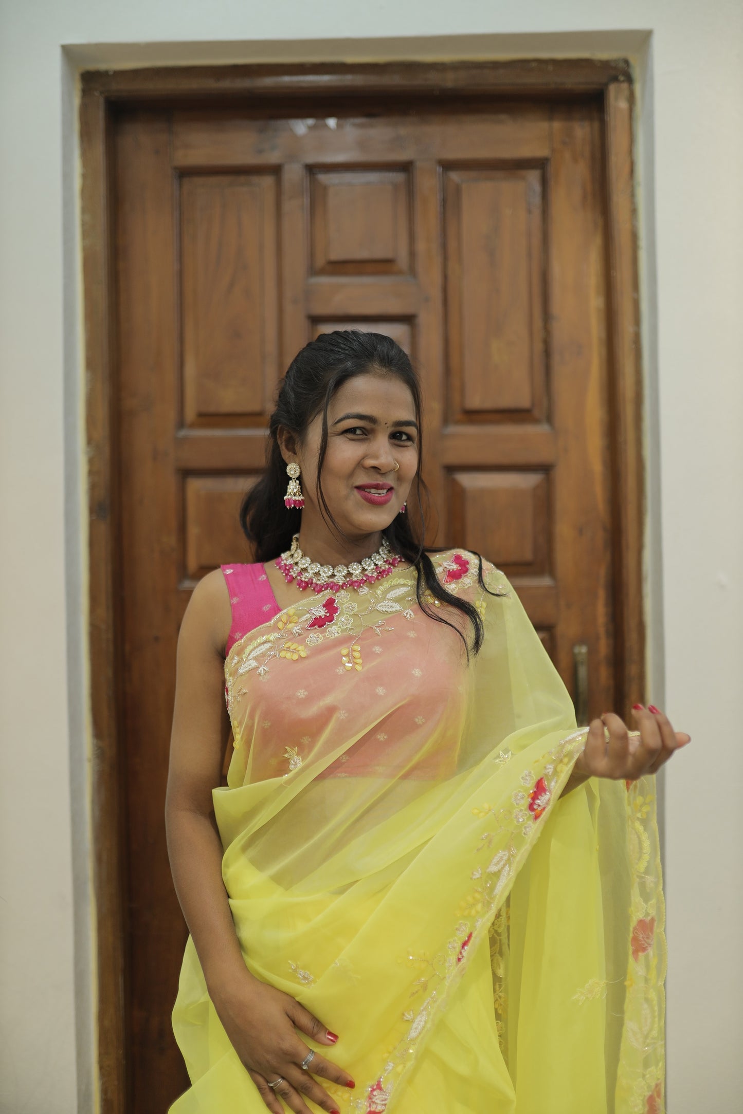 “Yellow Floral Embroidered Saree” 🌼