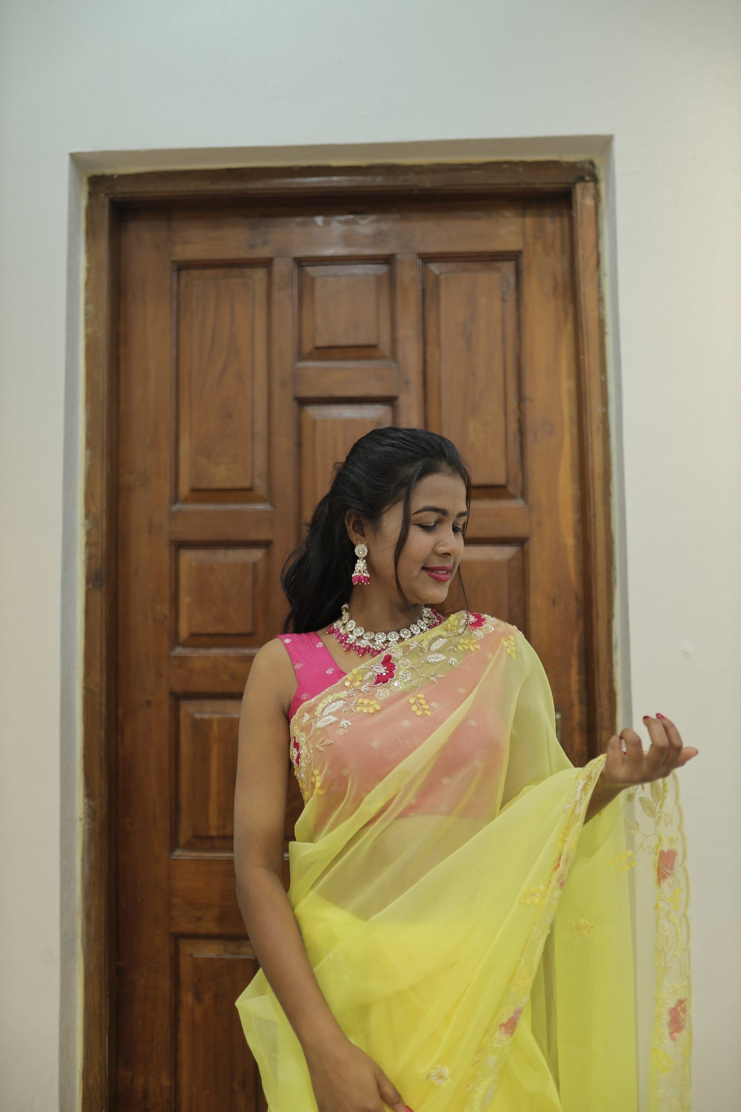 “Yellow Floral Embroidered Saree” 🌼