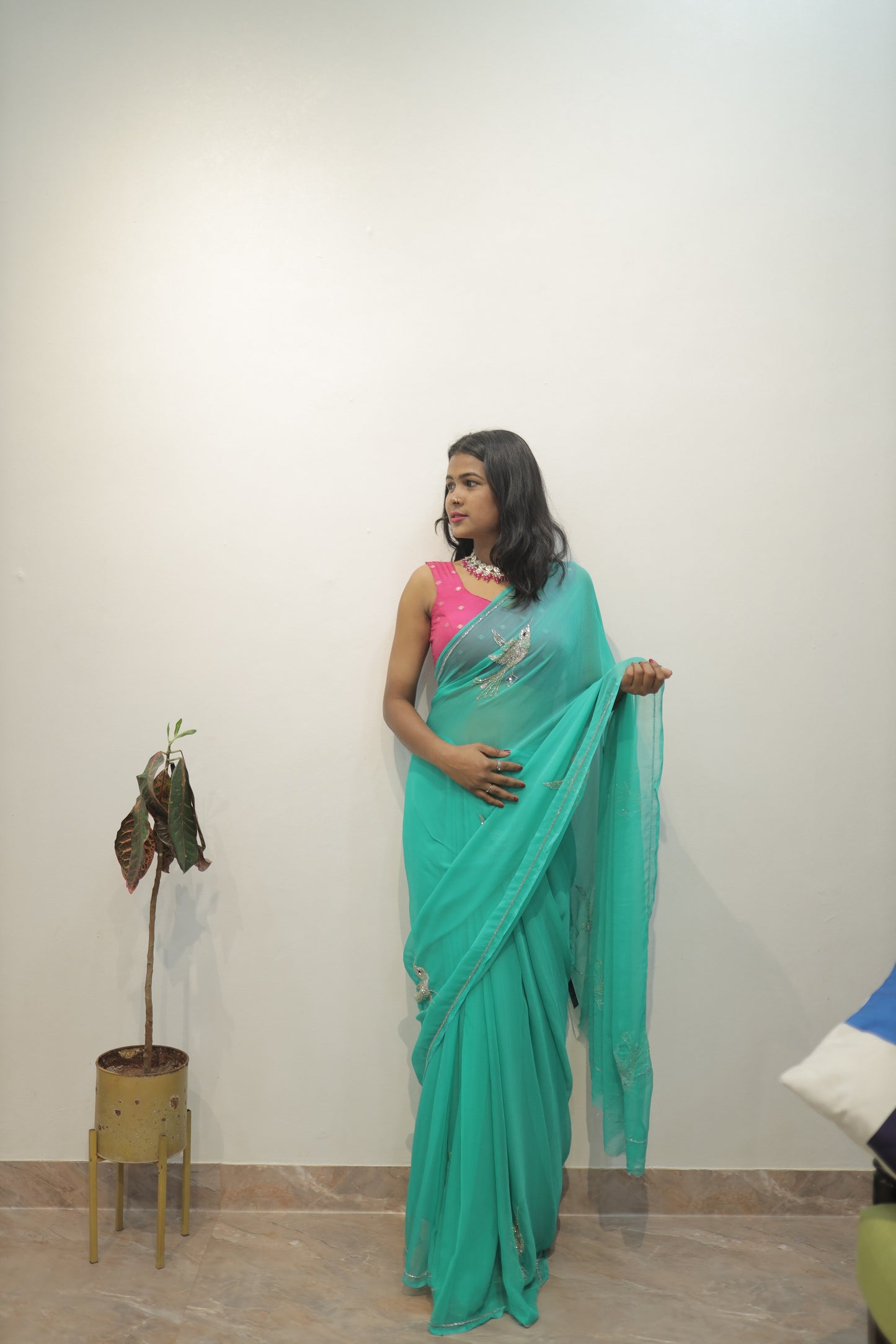 “Teal Green Embroidered Chiffon Saree” 💚
