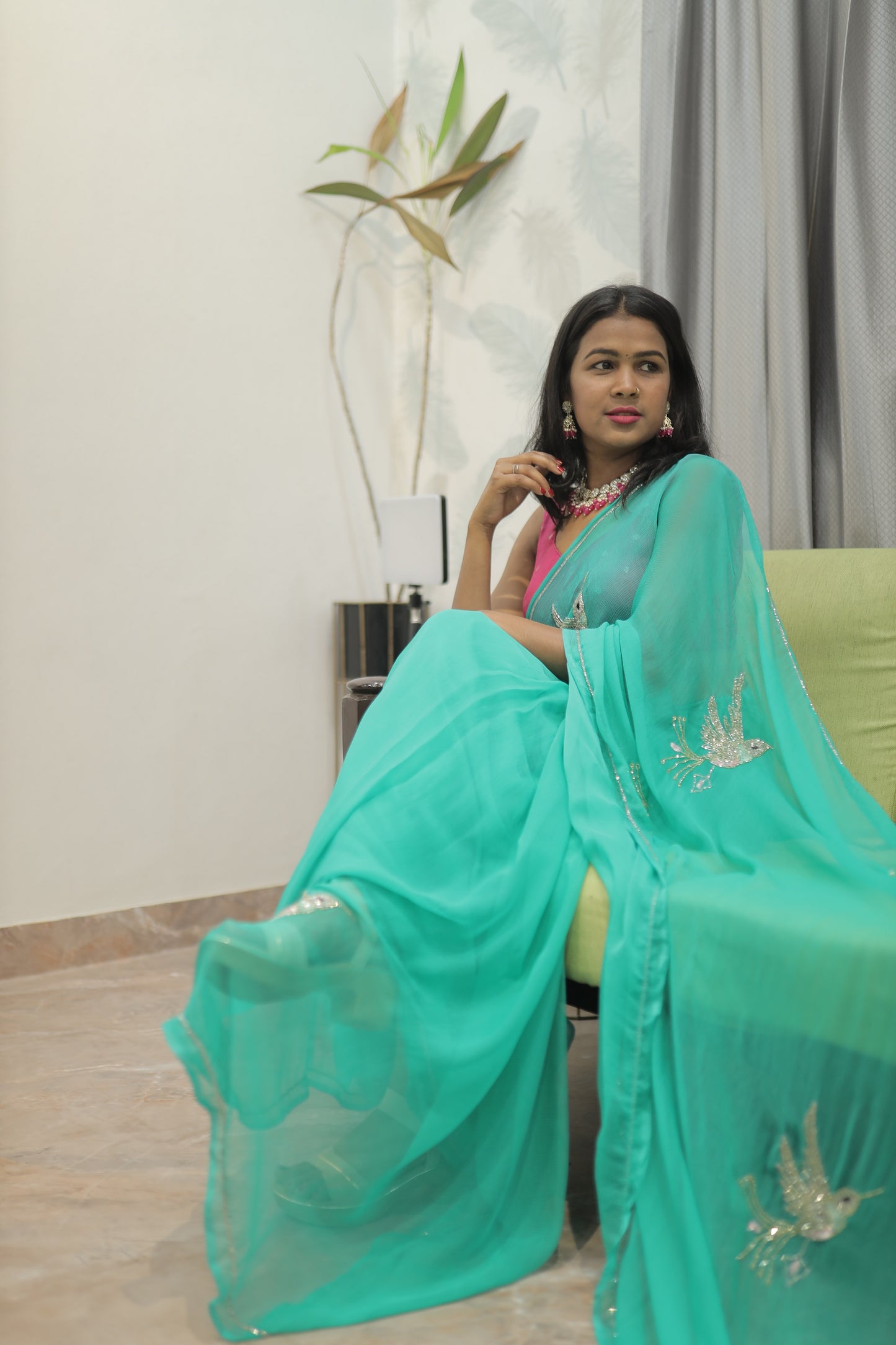 “Teal Green Embroidered Chiffon Saree” 💚