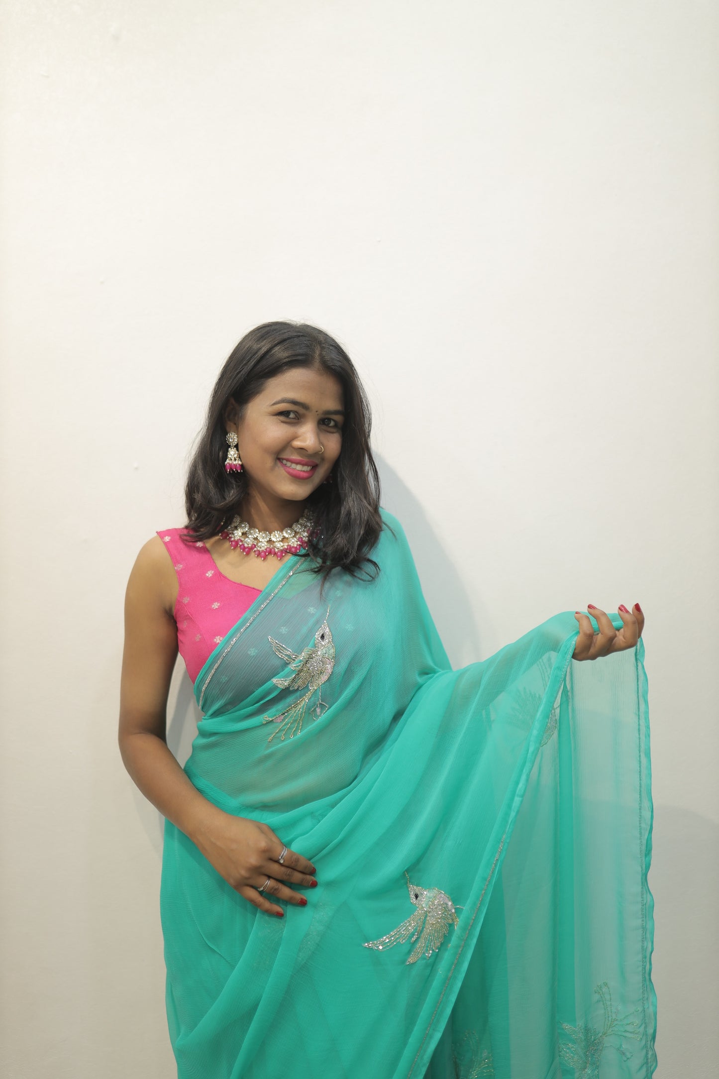 “Teal Green Embroidered Chiffon Saree” 💚