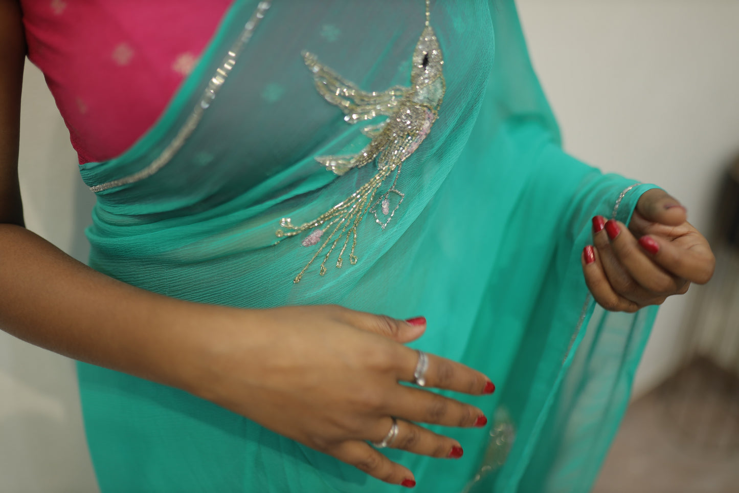 “Teal Green Embroidered Chiffon Saree” 💚