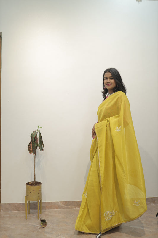 Elegant Mustard Yellow Organza Silk Saree with Designer Blouse