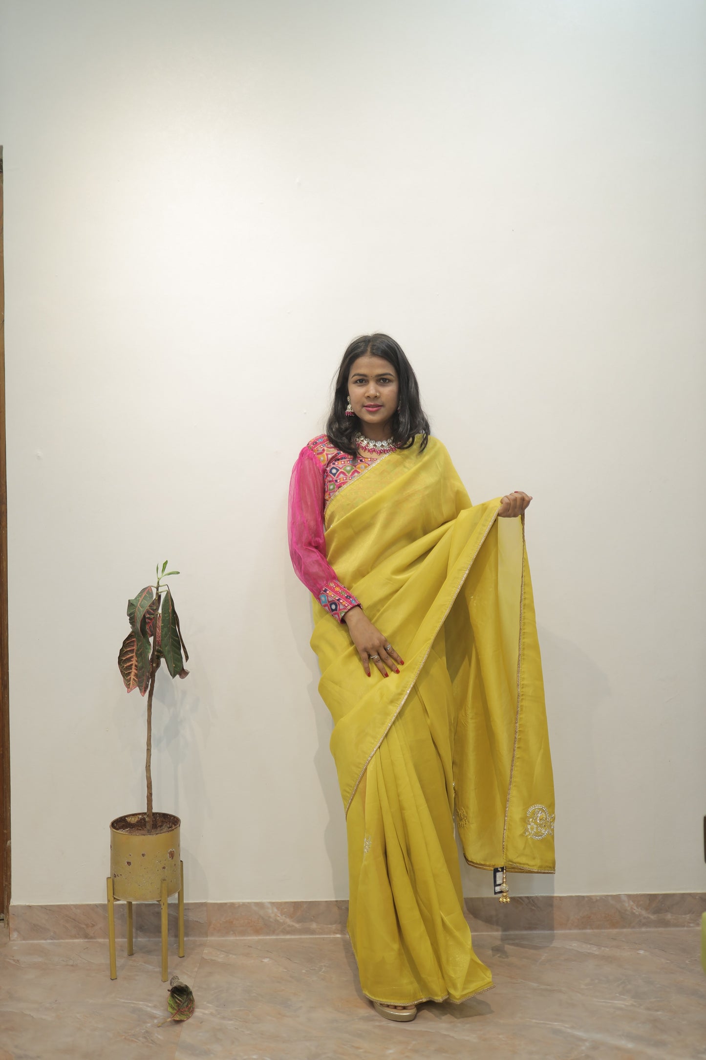 Elegant Mustard Yellow Organza Silk Saree with Designer Blouse