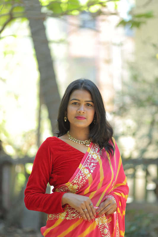 “Red & Yellow Leheriya Embroidered Saree” 🌸