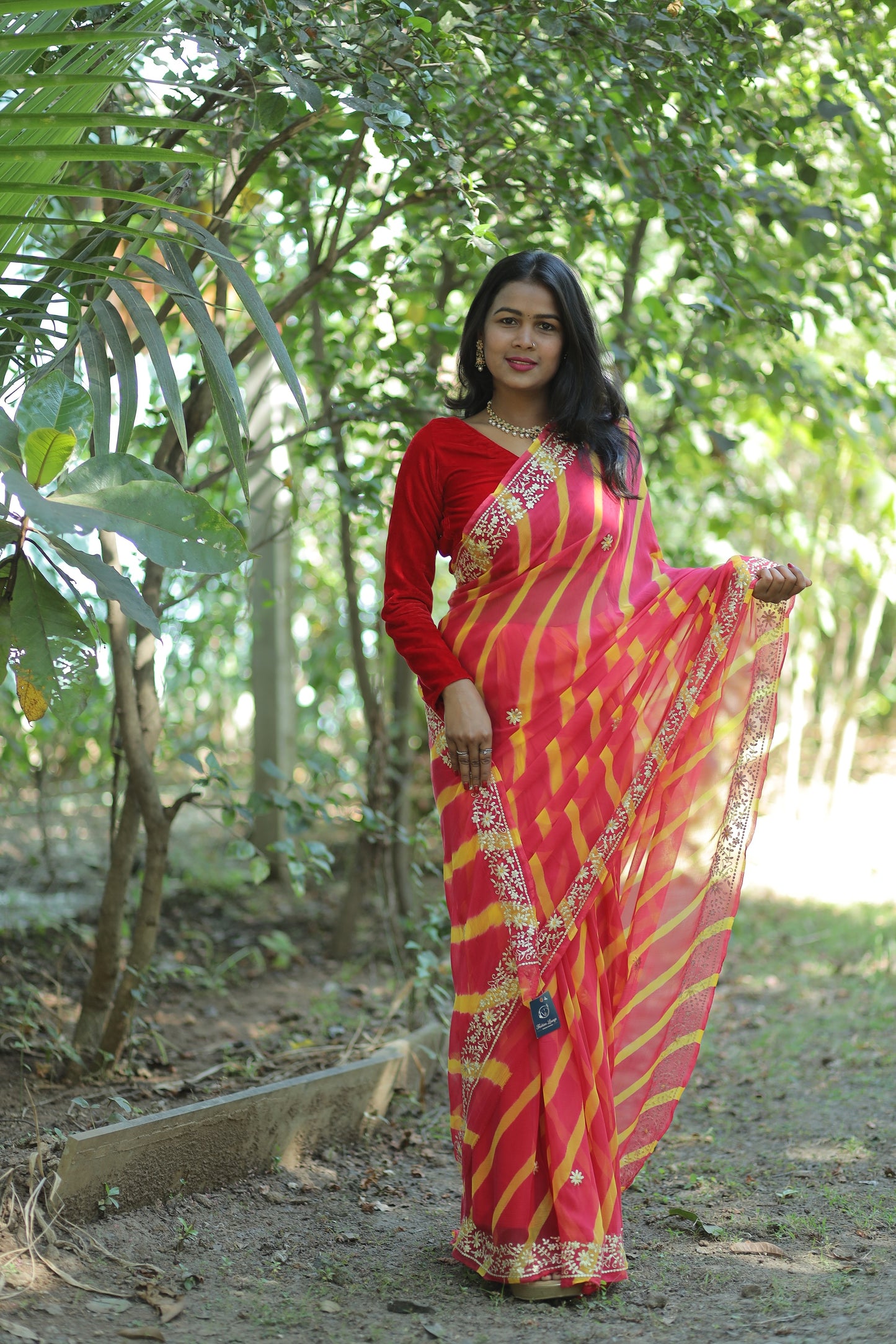“Red & Yellow Leheriya Embroidered Saree” 🌸