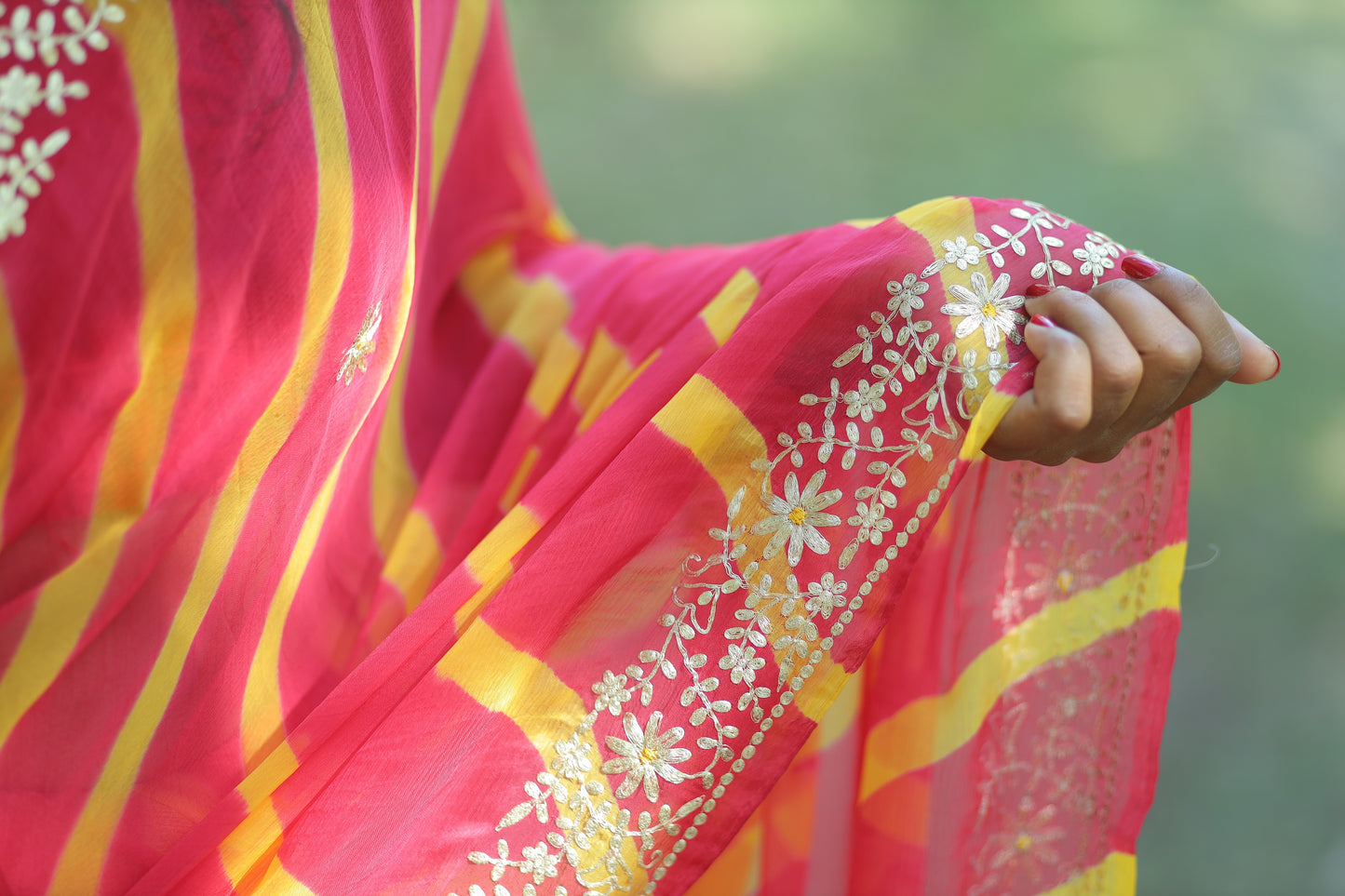 “Red & Yellow Leheriya Embroidered Saree” 🌸