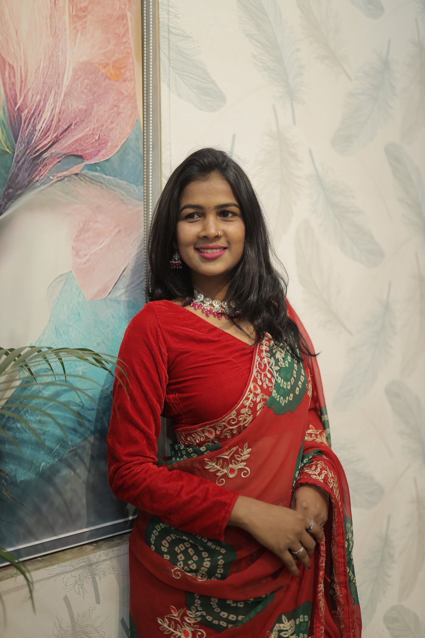 Elegant Red Bandhani Saree with Embroidered Border