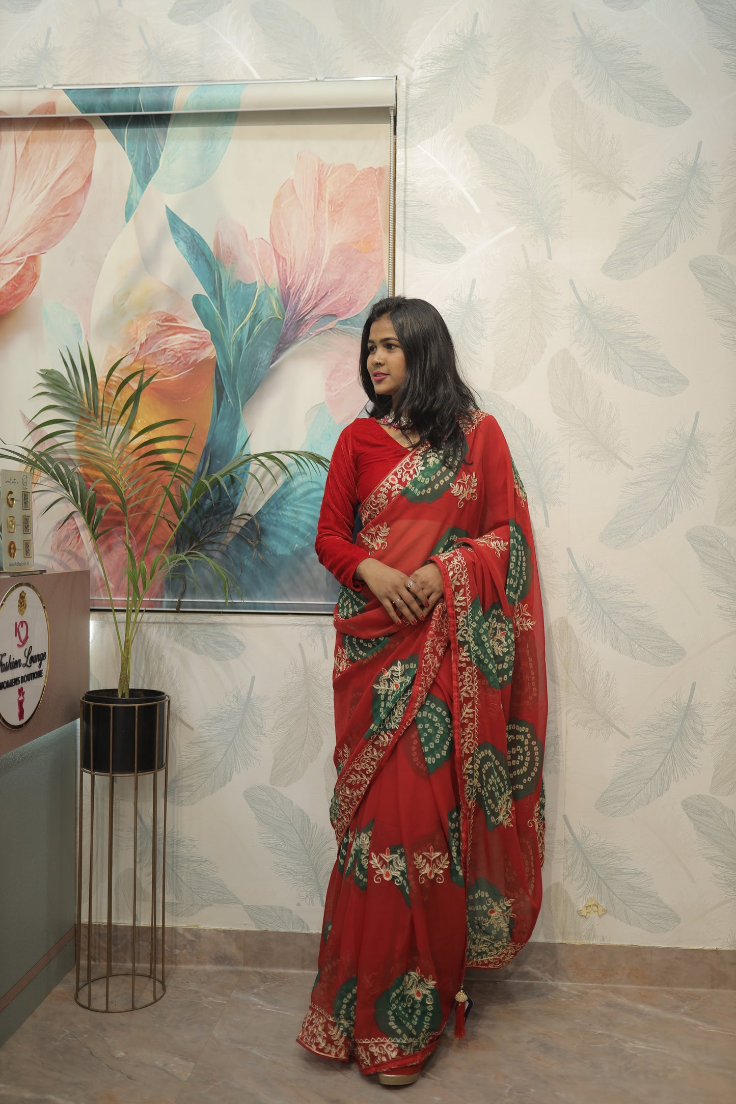 Elegant Red Bandhani Saree with Embroidered Border