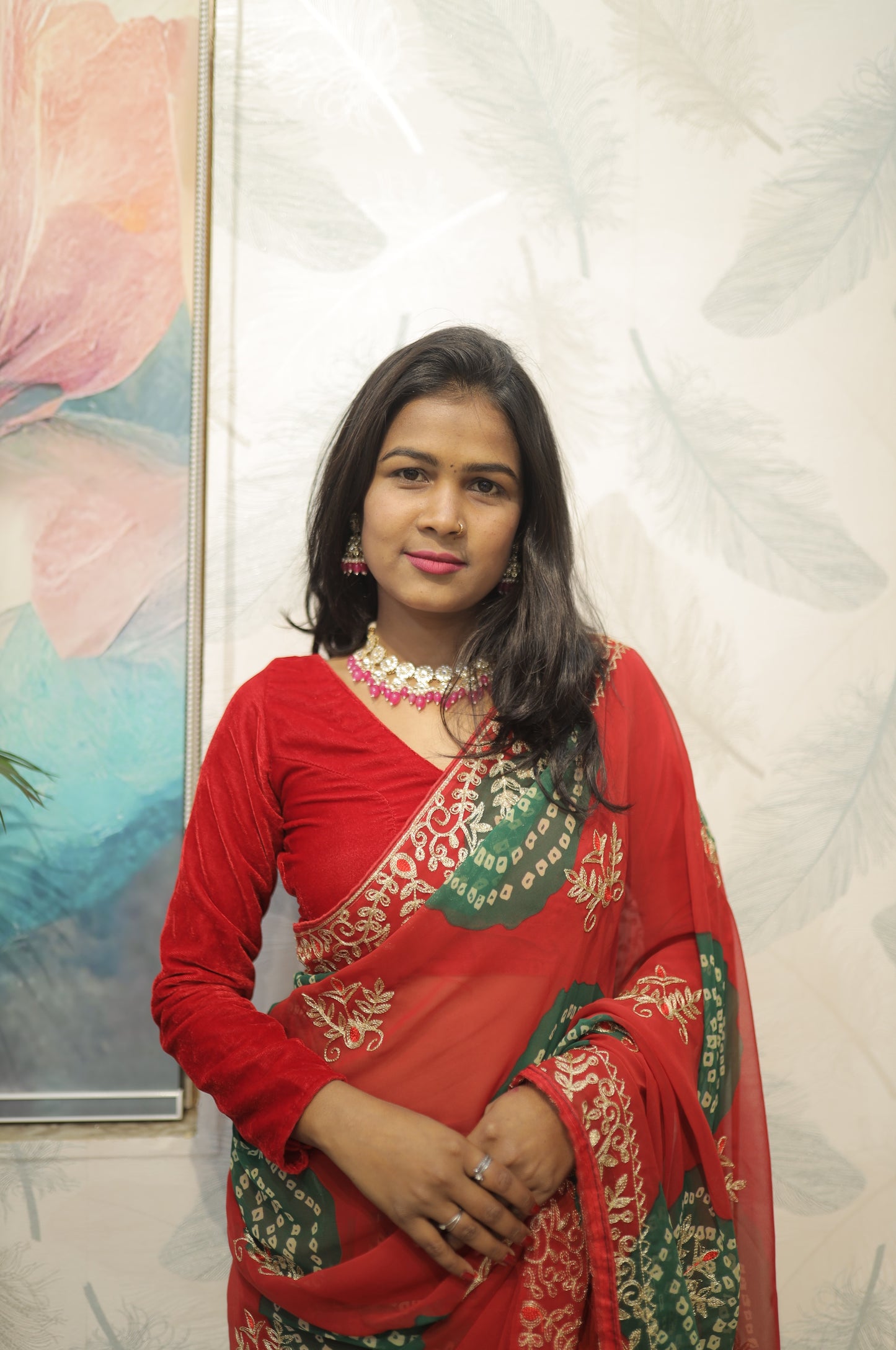 Elegant Red Bandhani Saree with Embroidered Border