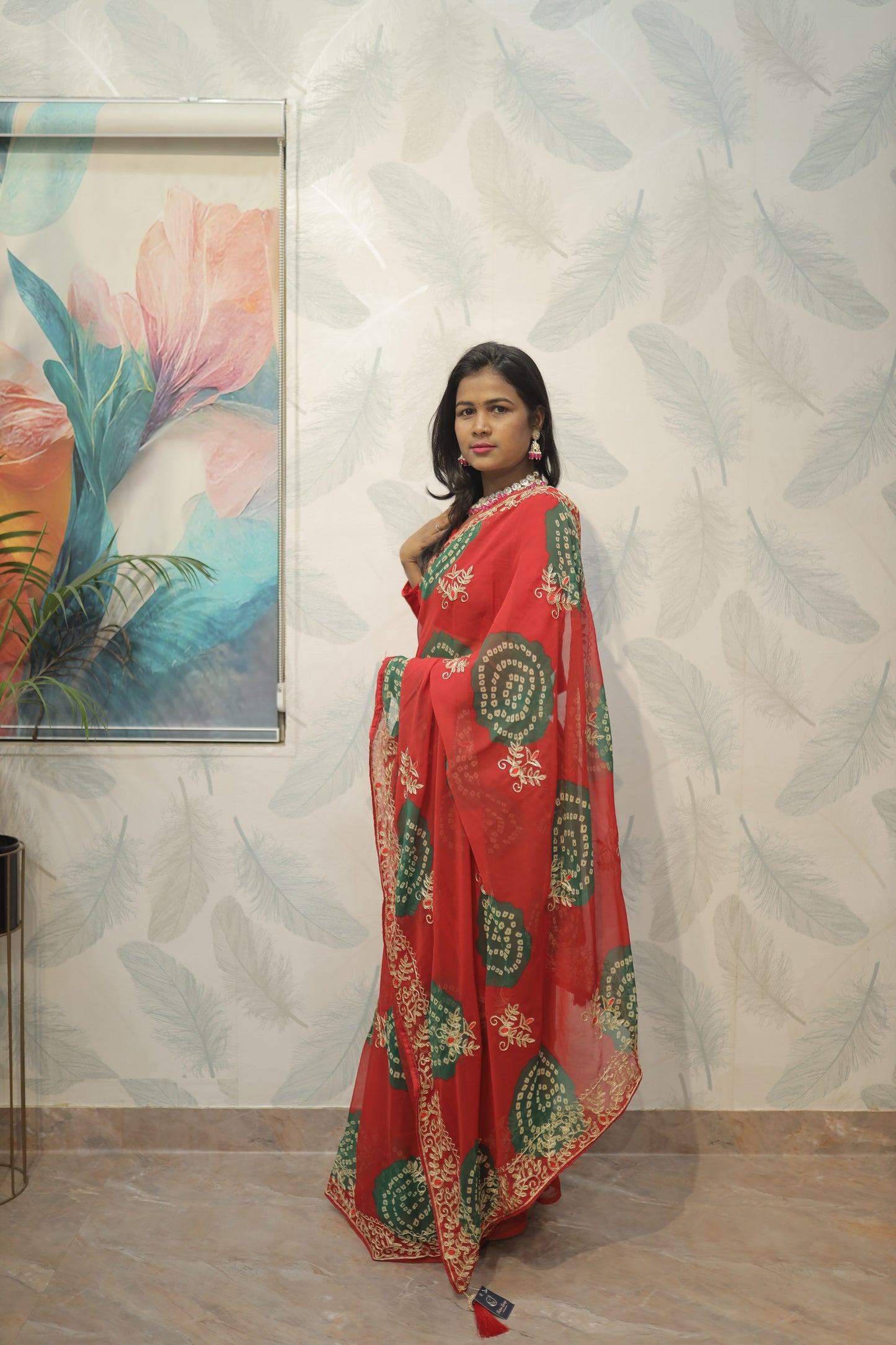 Elegant Red Bandhani Saree with Embroidered Border