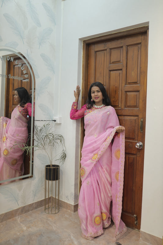 Blush Pink Designer Saree with Embroidered Motifs 💗✨