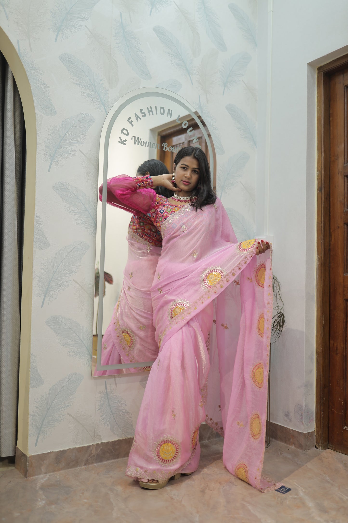 Blush Pink Designer Saree with Embroidered Motifs 💗✨